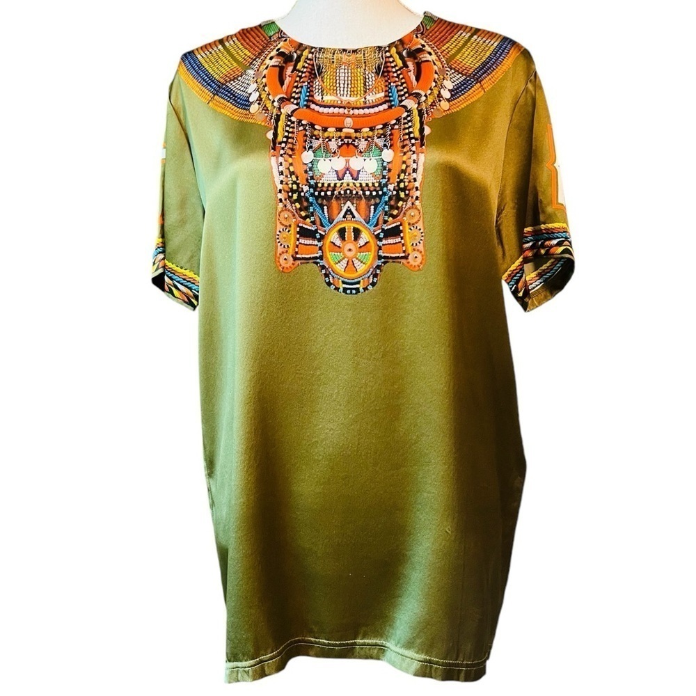 GIVENCHY WOMEN’S GORGEOUS SHORT SLEEVE SILK PULLOVER TOP SIZE XS OLIVE/GOLD